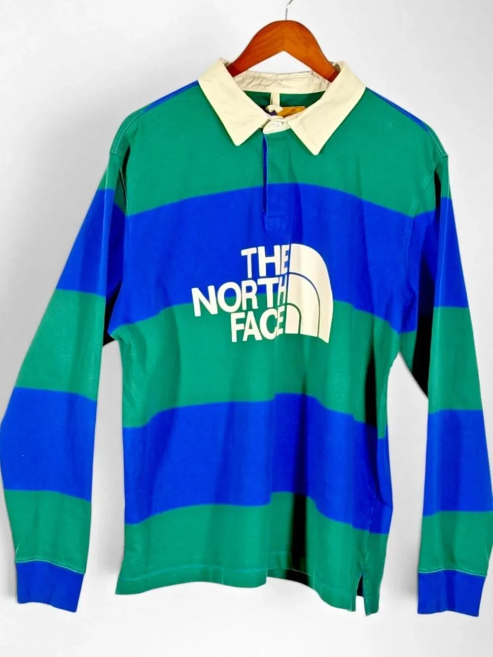 The North Face Rugby Shirt Mens L Blue Green Stripe Long Sleeve Logo Cotton